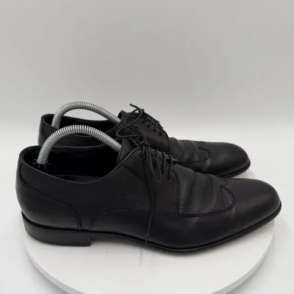 Hugo Boss Men’s 8 Black Leather Derby Wingtip Dress Shoes Woven Panels Lace-Up - Picture 2 of 8